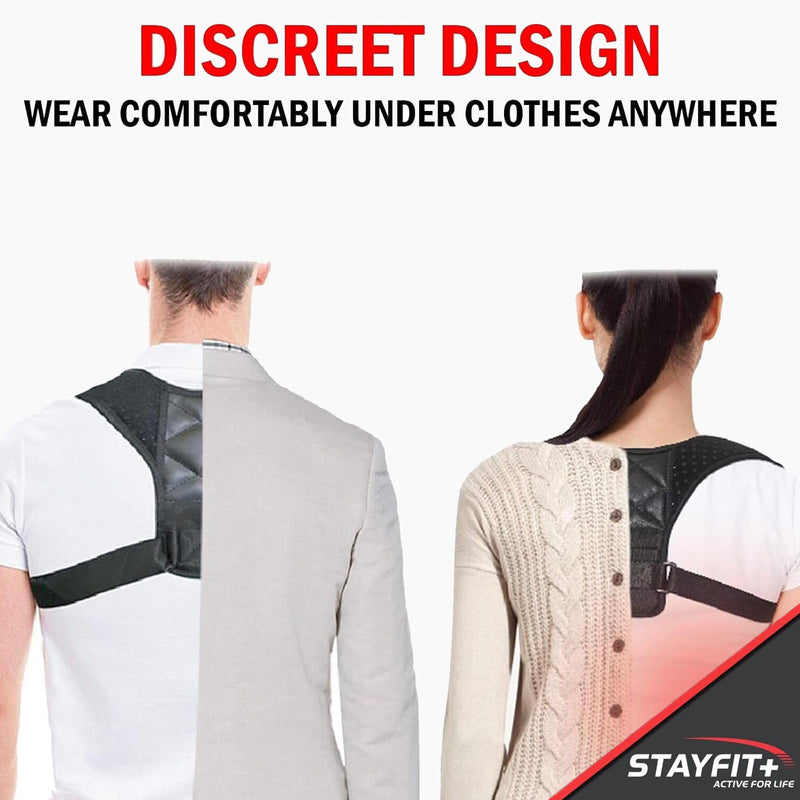 Stayfit Posture Corrector Unisex Back Brace, Adjustable Upper Back Pain Relief Support, Spine Neck Straightener Strap Black