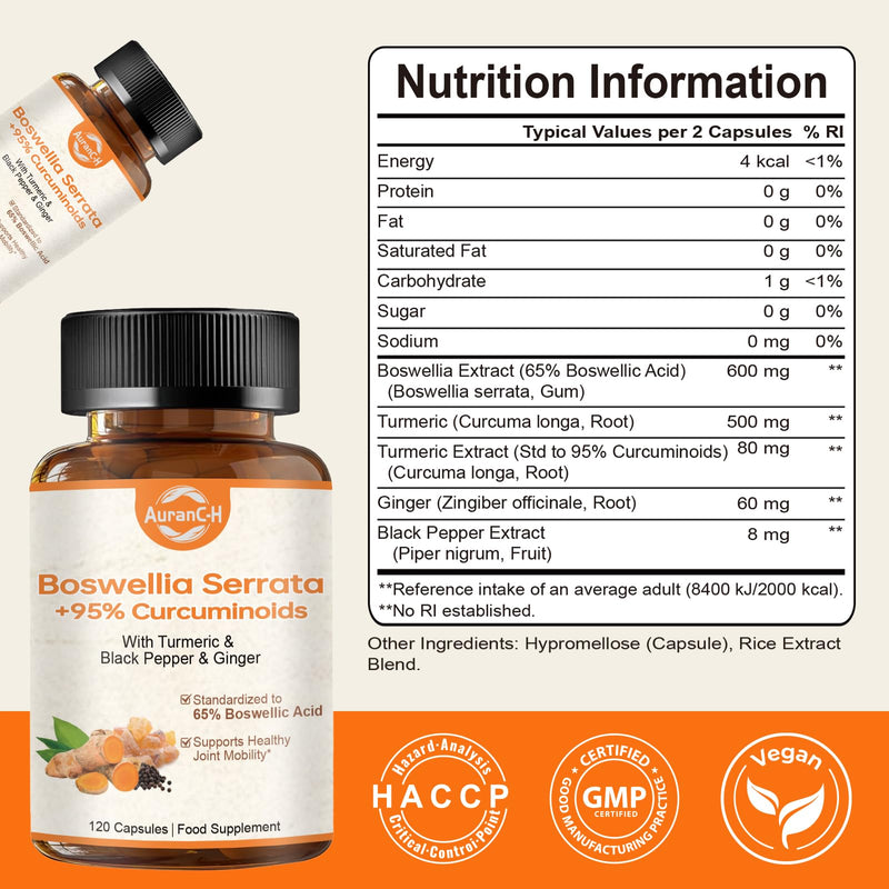 Boswellia Serrata Capsules, Boswellia for Humans - Anti Inflammatory & Joint Pain Relief Supplements - with Turmeric & Black Pepper & Ginger - 65% Boswellic Acids - Boswellia Extract 60 Capsules