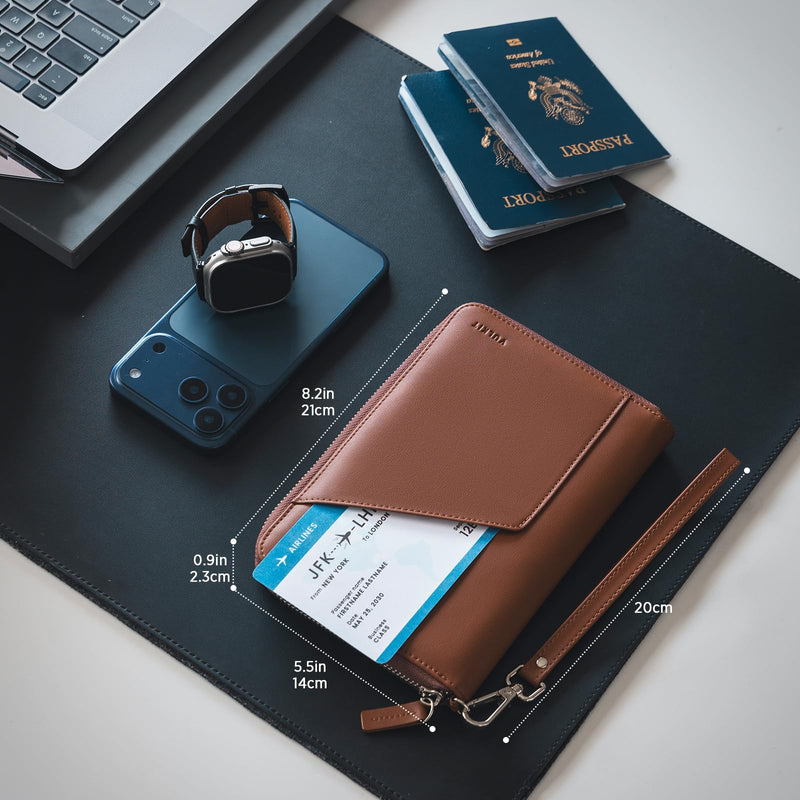 VULKIT Family Passport Holder for 4 Passports, RFID Blocking Travel Wallet | 6 Card Slots, 2 SIM Pockets, Secure Zipper Closure, Holds 4 Passports, Family Travel Essential Espresso Casual