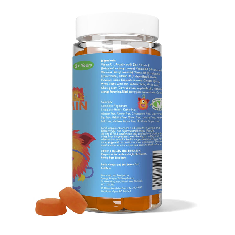 Kids Multivitamin Gummies | Daily Vitamins for Children Aged 3-12 | with Vitamin C, D, Zinc & More | Gelatin Free, Vegetarian, Halal & Kosher | 60 Tasty Orange Flavour Gummies