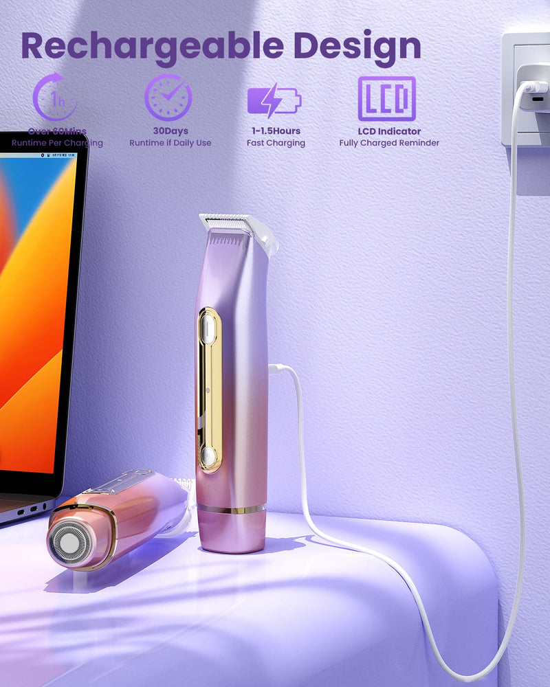 [Australia] - 2 in 1 Electric Bikini Shaver for Women - 2025 Dual Head Bikini Trimmer for Women IPX7 Waterproof Wet & Dry Use Bikini Razor for Travel Rechargeable Electric Razor for Underarm Leg Arm,Purple 