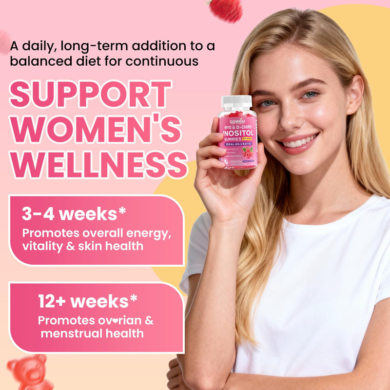 Myo-Inositol & D-Chiro Inositol Gummies for Women, 60 Count | 1000mg+25mg 40:1 Ratio, with Vitamin D3, Magnesium Glycinate, Folate & Zinc, Vegan, Sugar Free, Non-GMO, Raspberry Flavor 60 Count (Pack of 1)