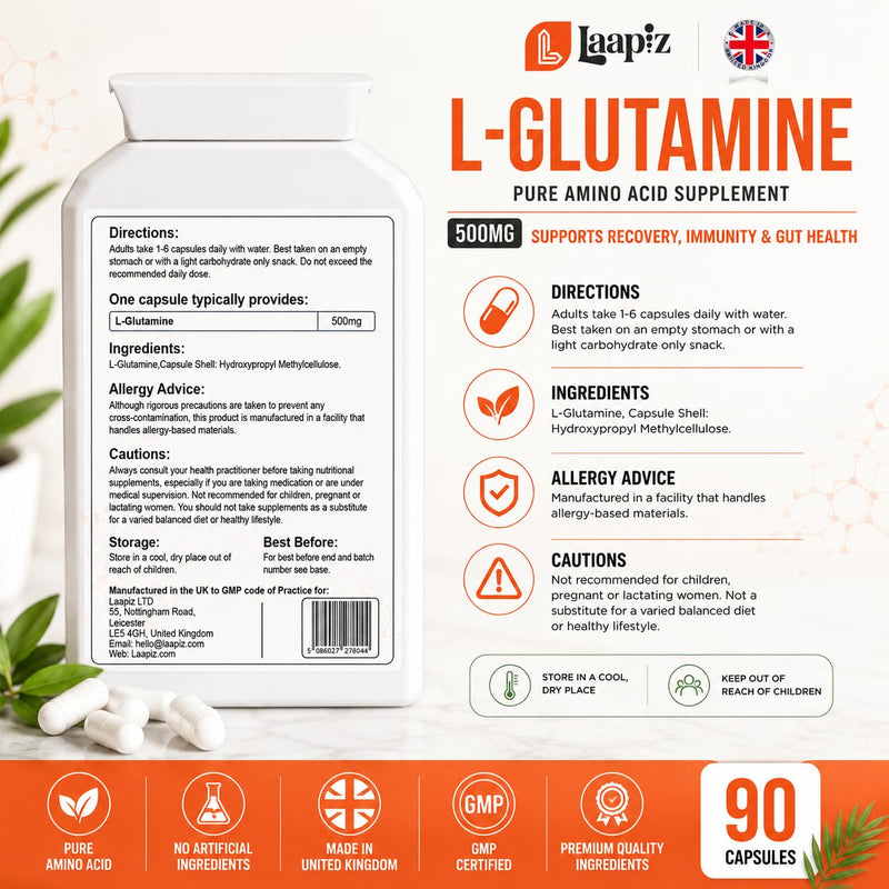 L Glutamin 500mg 90 Capsules | Glutamin Amino Acid Supplement | L-Glutamine 90 Vegan Capsules | UK Made GMP Certified | Daily Amino Acid Capsules | Laapiz
