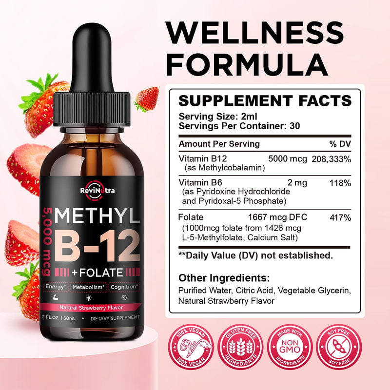 Vitamin B12 liquid Drops, B12 vitamins 5000 mcg, Vitamin B Complex Supplement with Methylcobalamin B12 Sublingual, Vitamin B6, Folate for Energy, Brain, Heart Health, Vegan Strawberry Flavor 2 Fl Oz 2 Fl Oz (Pack of 1)