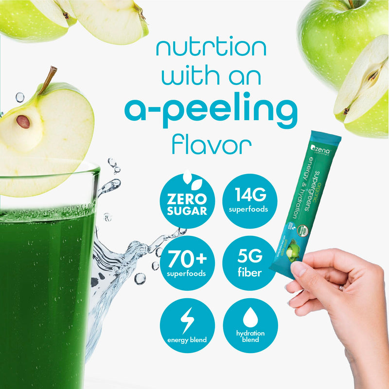 [Australia] - Zena Nutrition Organic Super Greens Energy & Hydration Powder, 70+ Superfoods, 0 Sugar, 5G Fiber, Spirulina, Chlorella, Prebiotics/Probiotics, Natural Caffeine + Electrolytes, 40 Drink Mix Packets Green Apple 0.21 Ounce (Pack of 40) 