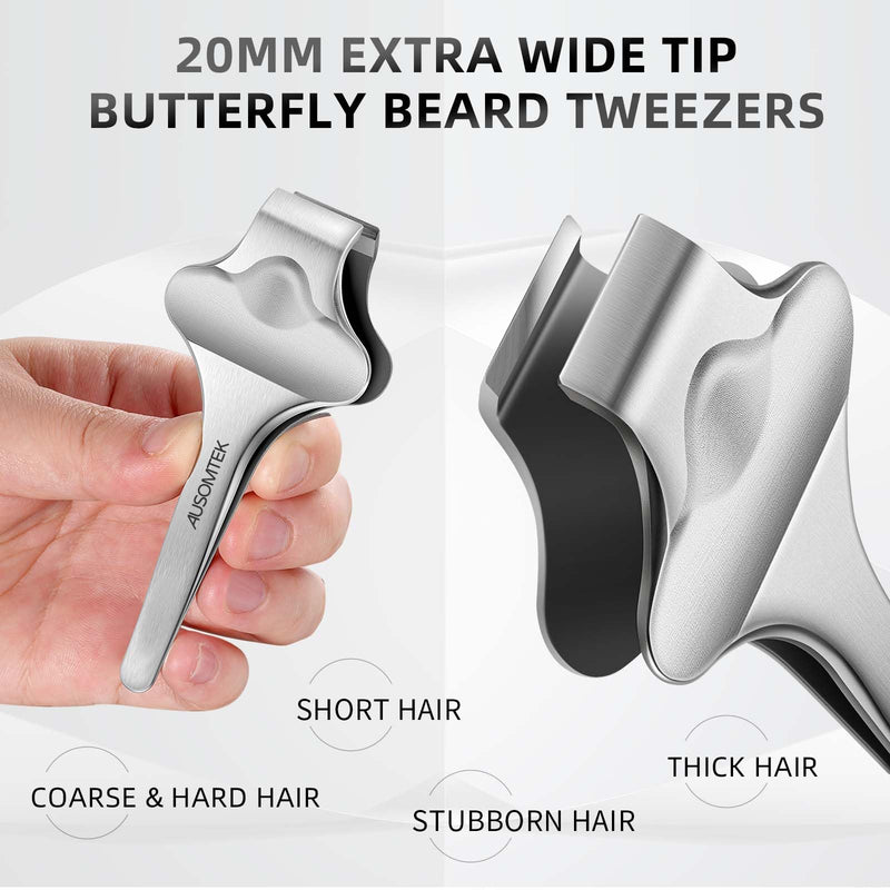 20mm Precision Butterfly Tweezers for Beard, Eyebrows, Facial & Ingrown Hair - Wide Tip, Stainless Steel - Hair Removal Tool with Anti-Slip Slot & Case - for Men & Women