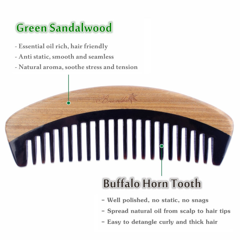 Breezelike Hair Comb - Wide Tooth Wooden Detangling Comb for Curly Hair - No Static Sandalwood Buffalo Horn Comb for Men and Women Black Buffalo Horn Wide Tooth