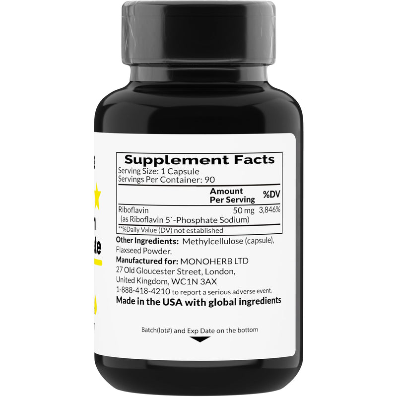 MONOHERB Riboflavin 5'-Phosphate 50 mg - 90 Vegetarian Capsules - Bioactive Vitamin B2 - Made in USA 90 Count (Pack of 1)