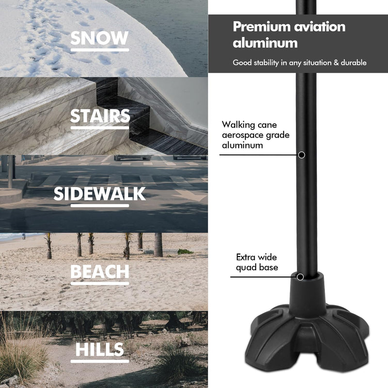 [Australia] - KINGGEAR F1 Walking Stick, Walking Cane for Women & Men, Self Standing Walkers for Seniors with Wrist Strap, Lightweight & Sturdy Offset EVA Handle and Large Quad Base Black 