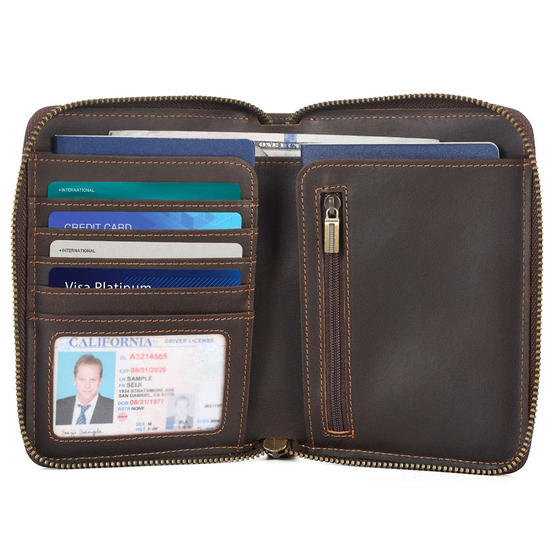 Polare Full Grain Leather Travel Passport Wallet with YKK Zipper and RFID Blocking Document Organizer Holder 2 Passports (Dark Brown) Dark Brown