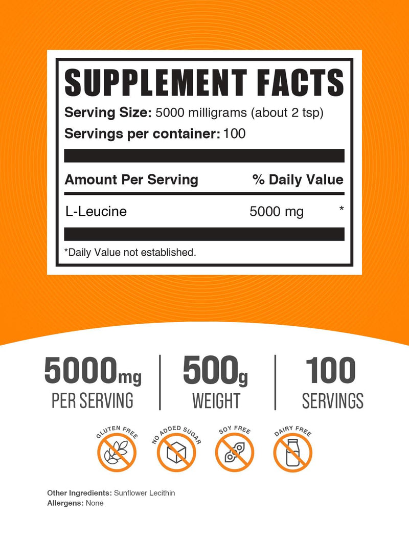 BulkSupplements.com L-Leucine Powder - Leucine Supplements, Leucine Amino Acid - BCAA Supplements, Leucine Powder - Unflavored, 5000mg per Serving, 500g (1.1 lbs) (Pack of 1) 100 Servings (Pack of 1)