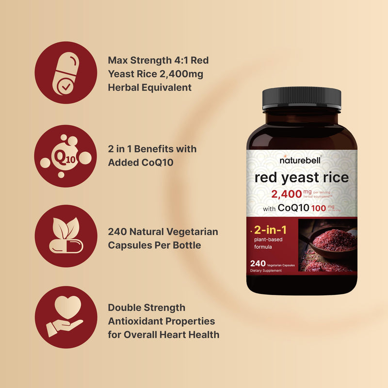 [Australia] - NatureBell Red Yeast Rice 2,400mg with CoQ10 100mg | 240 Veggie Capsules (1,200mg Per Capsule) – Max Strength Herbal Supplement – Antioxidant Support for Energy & Heart Health – Non-GMO 