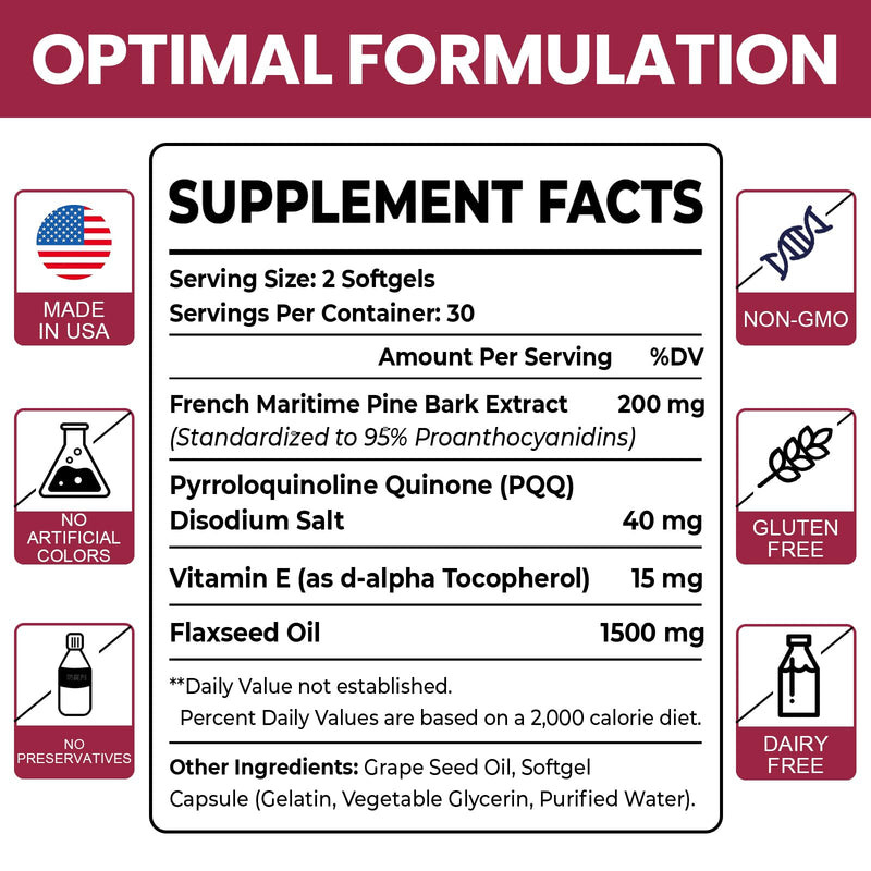 [Australia] - French Maritime Pine Bark Extract 200 mg, Unique Dual-Delivery for Maximum Absorption, Premium Pycnogeno with PQQ for Vascular & Heart & Joint Function - 60 Vegan Softgels 60 Count (Pack of 1) 