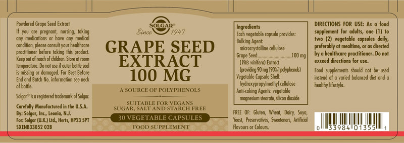 Solgar Grape Seed Extract 100 mg Vegetable Capsules - Pack of 30 - Protects Against Oxidative Stress, Tissue Damage and Inflammation - Vegan and Gluten Free