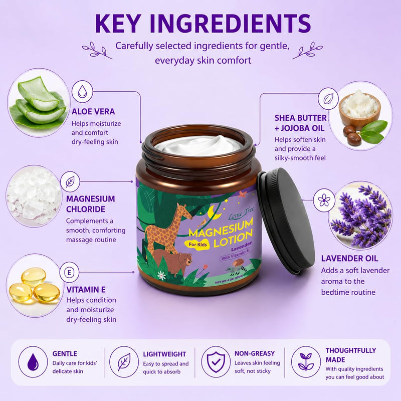 Magnesium Lotion for Kids & Babies, Lavender Magnesium Cream with Multi Vitamins, Magnesium buttur, Moisturizing Body Cream for Delicate Skin, Stay Calm at During The Night, Non-Greasy Formula, 4 oz