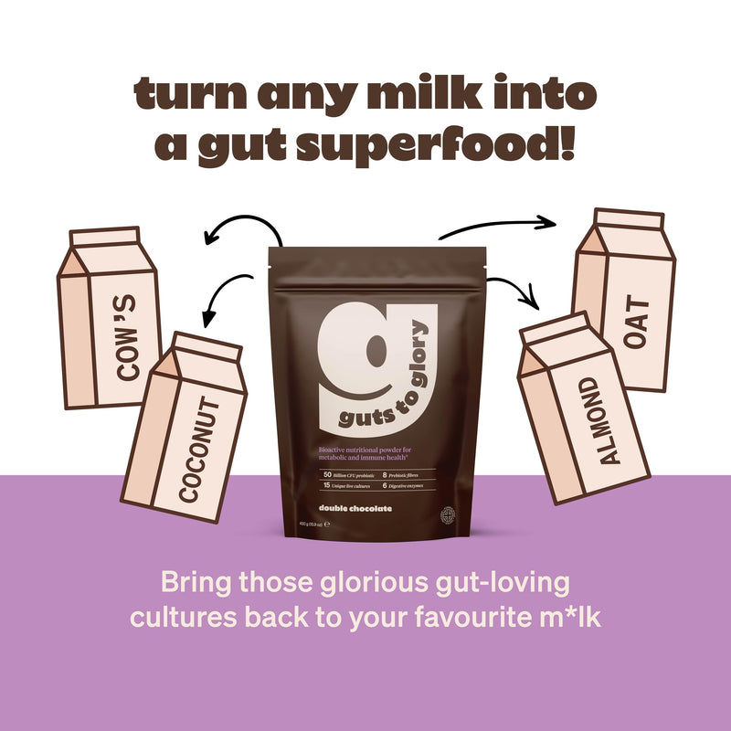 Guts to Glory - Gut Health Blend Made in UK with wholefoods - 50 Billion CFU Complete Gut Powder - Probiotics, Prebiotics/Fibre, Digestive Enzymes - Vegan Gut Health - (Double Chocolate) Double Chocolate