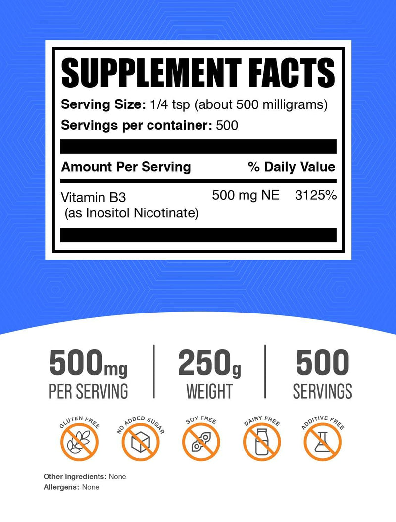 BulkSupplements.com Flush Free Niacin Powder - as Inositol Hexanicotinate, Vitamin B3 Supplement, Niacin 500mg Flush Free - Gluten Free, 500mg of per Serving, 250g (8.8 oz) (Pack of 1) 8.8 Ounce (Pack of 1)