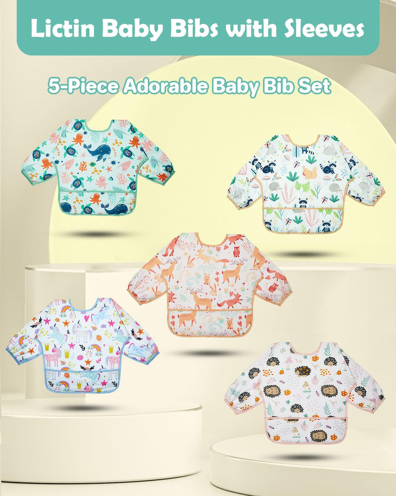 [Australia] - Lictin Baby Bibs for Boys Girls - Long Sleeve Bib, Waterproof Toddler Bibs, 0-24 Months Neutral Baby Smock for Eating Orange Elk/Light Blue Unicorn/Yellow Raccoon/Pink Hedgehog/Green Whale 