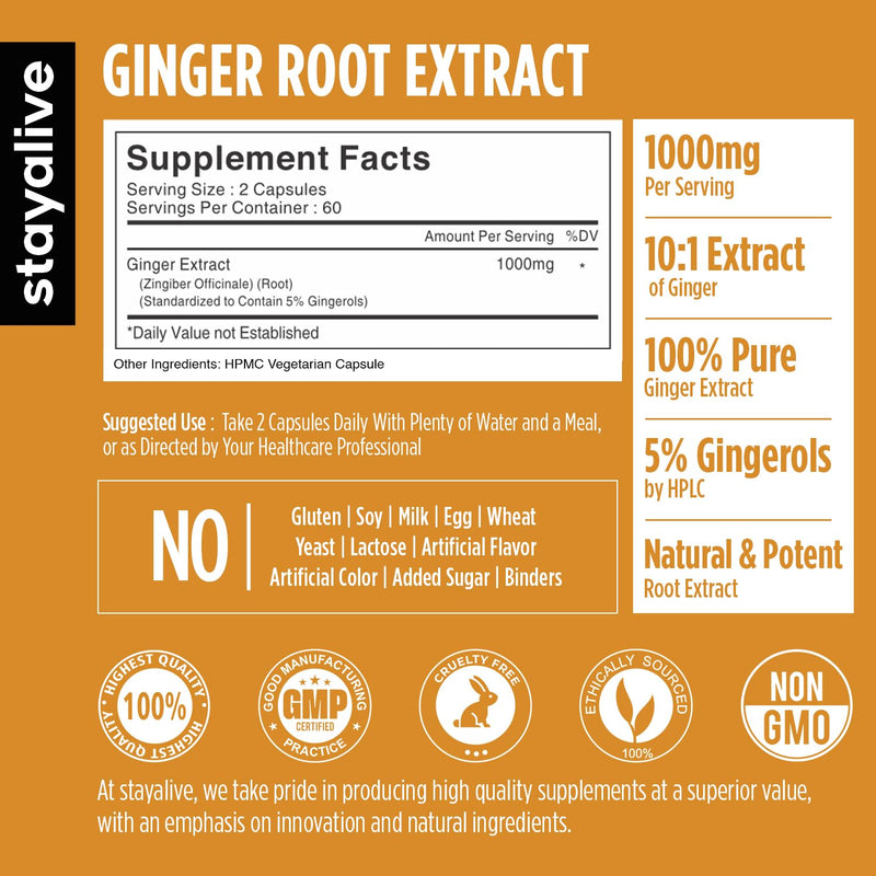 [Australia] - STAY ALIVE Pure Ginger Root Capsules 1000mg, 10:1 Extract Powder with 5% Gingerols, 120 Pills, Extra Strength Root Powder, Vegan, Non-GMO and Gluten-Free Ginger Supplement 