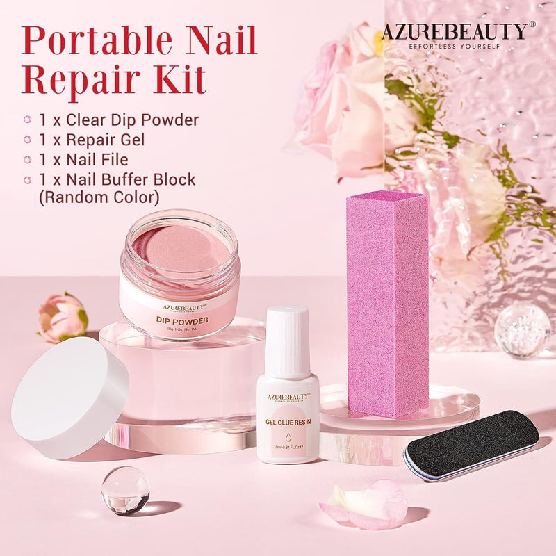 AZUREBEAUTY Nail Repair Kit for Broken Cracked Split Weak Nails, Emergency Easy Quick Fix Crystal Jelly Pink Transparent Dip Powder 28g /1 Oz Quick-Drying Repair Glue 10ml with Nail File & Nail Buffer Jelly Pink Nail Repair