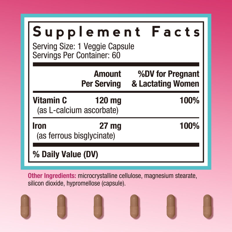 Doctor's Recipes Iron Supplement for Pregnant Women, Chelated Iron Bisglycinate, with Vitamin C for High Absorption, Gentle, Red Blood Cell Production Support, 60 Vegan Caps