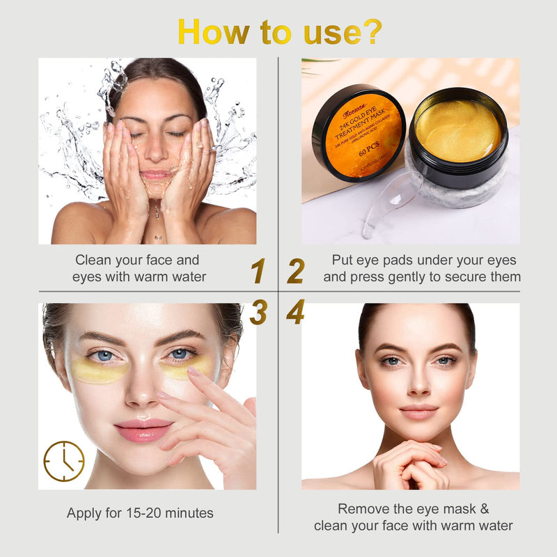 [Australia] - Fivewan 24k Gold Under Eye Patches - 60 Pcs Eye Mask Pure Gold Anti-Aging Collagen Hyaluronic Acid Under Eye Mask for Removing Dark Circles, Puffiness & Wrinkles Refresh Your Skin 30 Pairs 