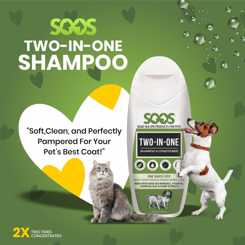 Soos Pets Two-in-One Shampoo Plus Conditioner for Dogs & Cats | 2-in-1 Natural Dead Sea Minerals | Cleansing & Moisturizing Formula | Gentle on Skin, Promotes Soft Shiny Coat - 250ml - PawsPlanet Australia