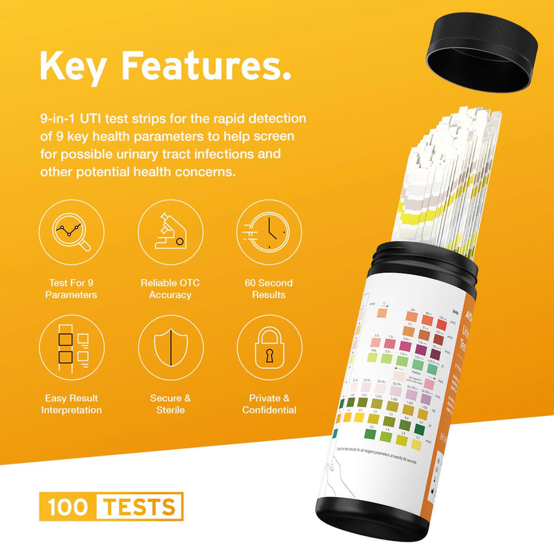 [Australia] - 100 x AYDMED 9-in-1 UTI Test Strips | 9 Parameter Urine Test Strips for Leukocytes, Nitrite, Specific Gravity, pH, Protein, Urobilinogen, Bilirubin, Ketone & Ascorbic Acid | FSA & HSA Eligible 