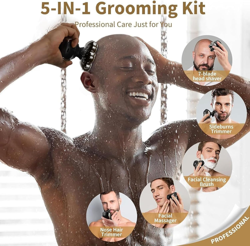 [Australia] - SHPAVVER Head Shavers for Bald Men: 5-in-1 Electric Razor - IPX7 Waterproof Shaving Grooming Kit for Balder - Turbo Speed & Precision Blades (Gold) Gold Light 