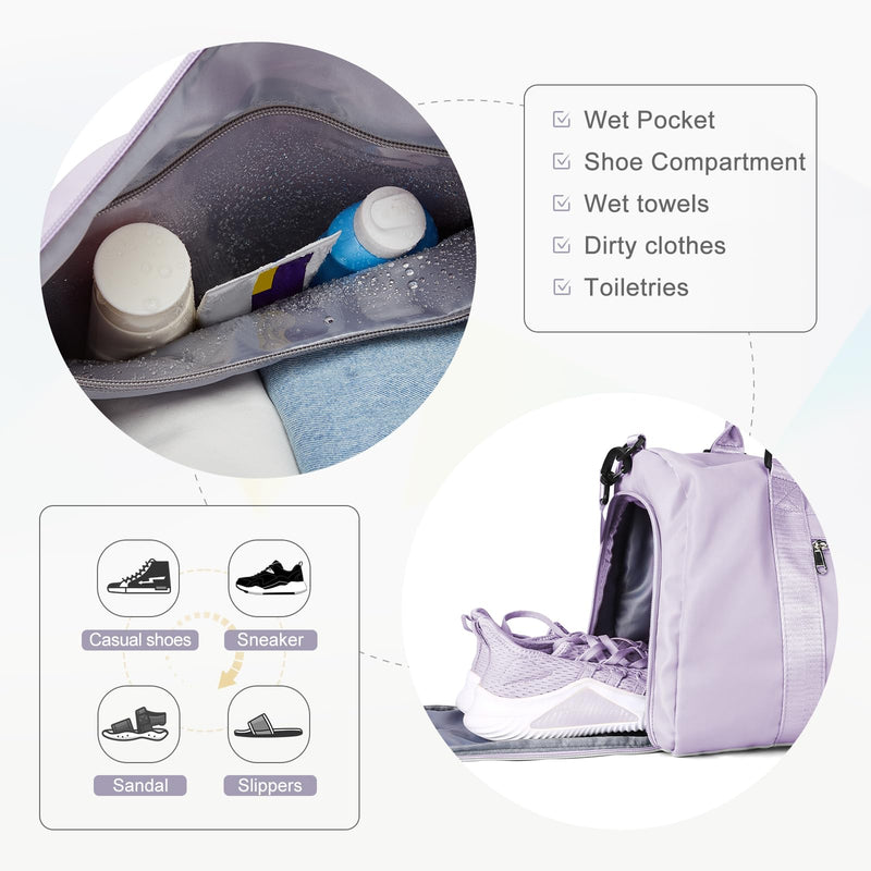 Gym Bag for Women Men with Shoes Compartment,Sports Duffle Bag Personal item travel Duffel Bags Tote Bag Small Carry on Weekender Overnight Bag Workout Dance Bag Hospital Holdalls Light Purple A13-Light Purple