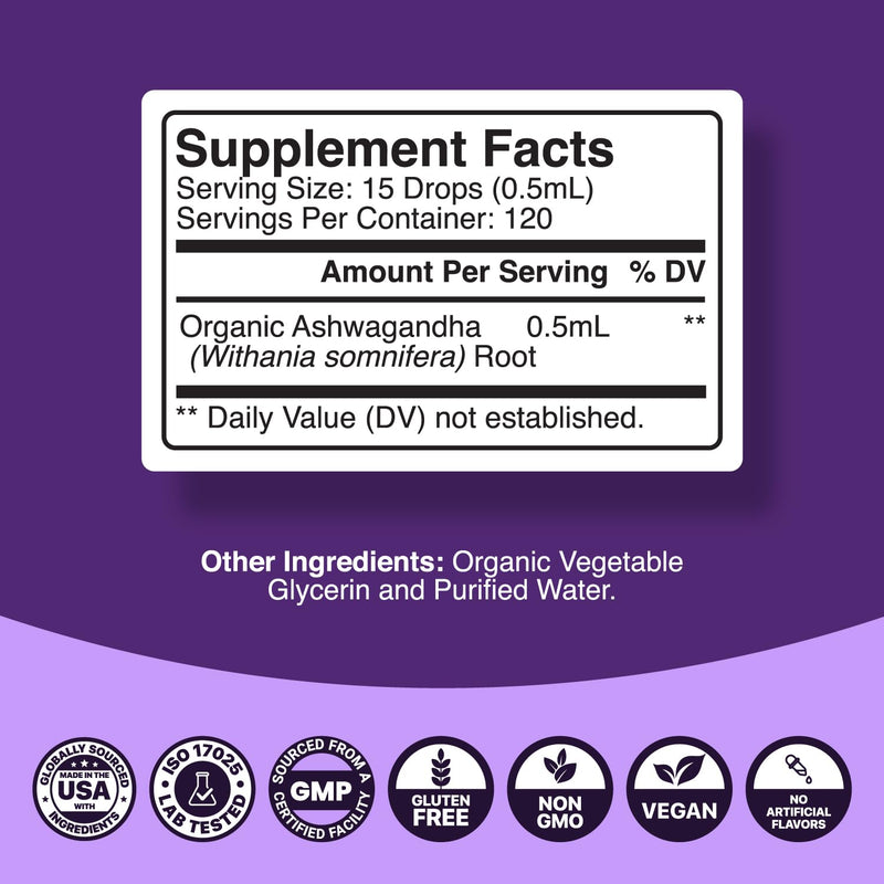 [Australia] - Organic Ashwagandha Liquid Drops for Adults - Potent Liquid Ashwagandha Root Extract for Energy and Mood Support - Liquid Ashwagandha Tincture Vegan - Non-GMO Gluten & Alcohol-Free (60 Servings) 60 Servings 