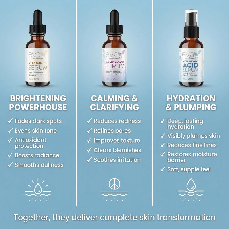 Eva Naturals Serum Trio – Vitamin C+, Hyaluronic Acid & Azelaic Acid, Acne | 3-piece set, anti-aging, dark spots, fine lines, redness, hydrating, radiant skin 1 Fl Oz (Bundle of 3)