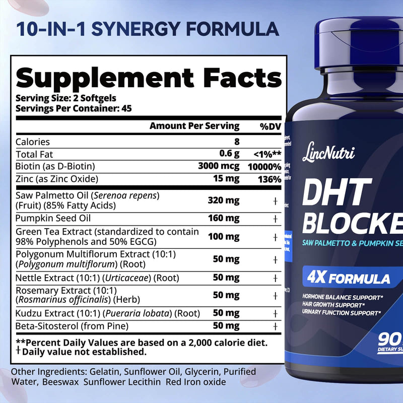 DHT Blocker for Women Hair Growth Supplement, Fuller-Looking Hair | With Florida-Grown Saw Palmetto, Pumpkin Seed Oil, Biotin, 10-in-1 Hair Loss Support Formula, Non-GMO, 90 Softgels