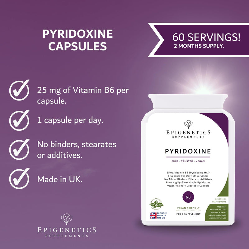 Pyridoxine | 25mg Vitamin B6 (Pyridoxine HCl) | Normal Immune System & Reduces Tiredness | 60 Vegan Capsules UK Made | 1 Capsule Daily (2 Month Supply)