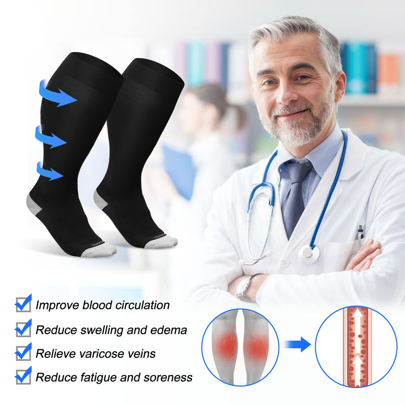 Levsox Plus Size Compression Socks Wide Calf Men&Women 20-30 mmhg Knee High Support Socks for Medical, Nurse, Prenancy, Travel 3 Pair-black/White/Gery2 Large