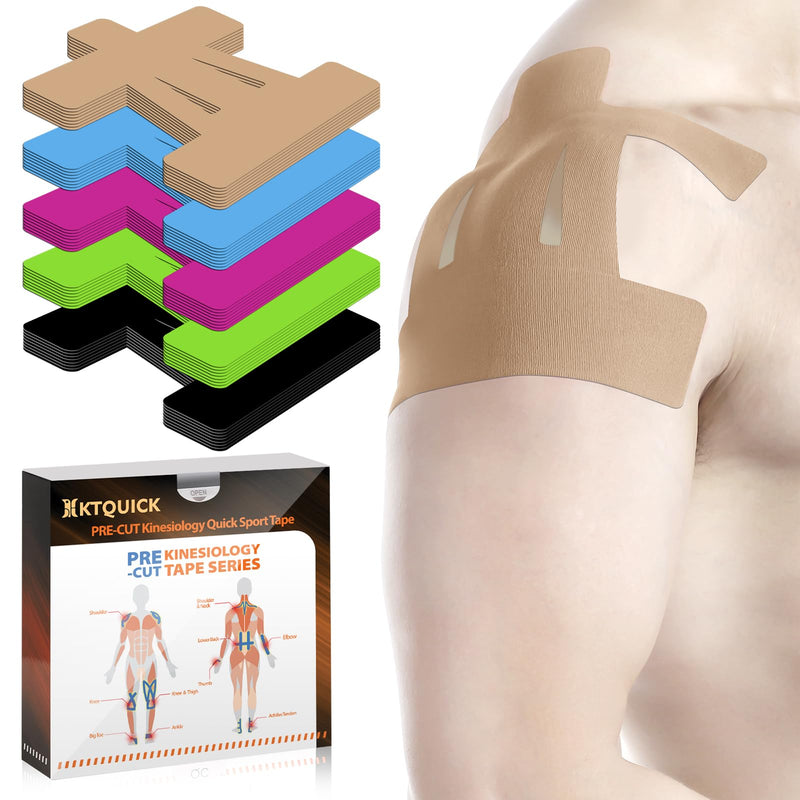 Precut Kinesiology Tape for Shoulder, KTQUICK 24 Pcs Sports Shoulder Tape, Original Cotton Waterproof & Breathable, Enhance Elastic Kinesiology Athletic Tape for Shoulder and Muscle Support - Skin 24PCS