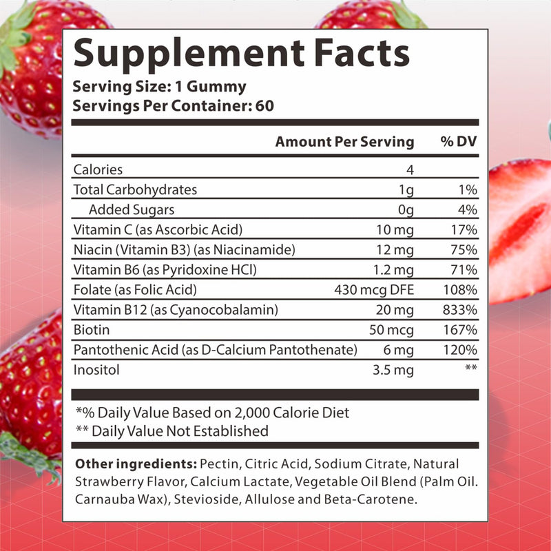 Vitamin B Complex Gummies no creatine | 60 Count - Tablet Alternative | High Strength Supplement with Vitamin B12, B6, B12, B2, B3, B5, Biotin, Folic Acid, Zinc and Iodine