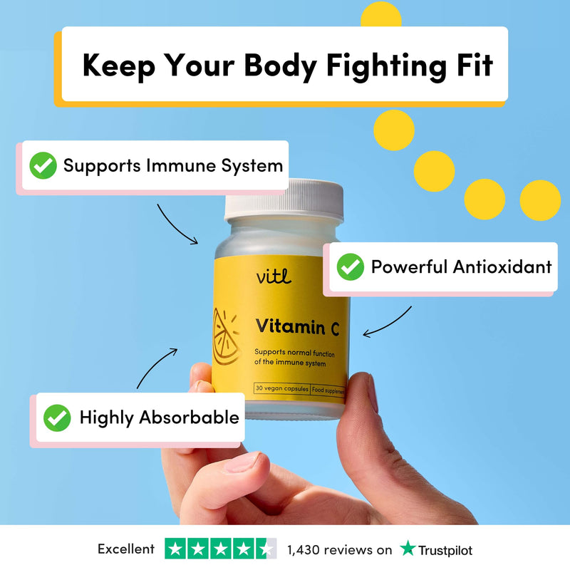 Vitl Vitamin C 500mg Supplement - 30 Vegan Easy to Swallow Capsules - Support Normal Functioning of the Immune System - 1 Month Supply