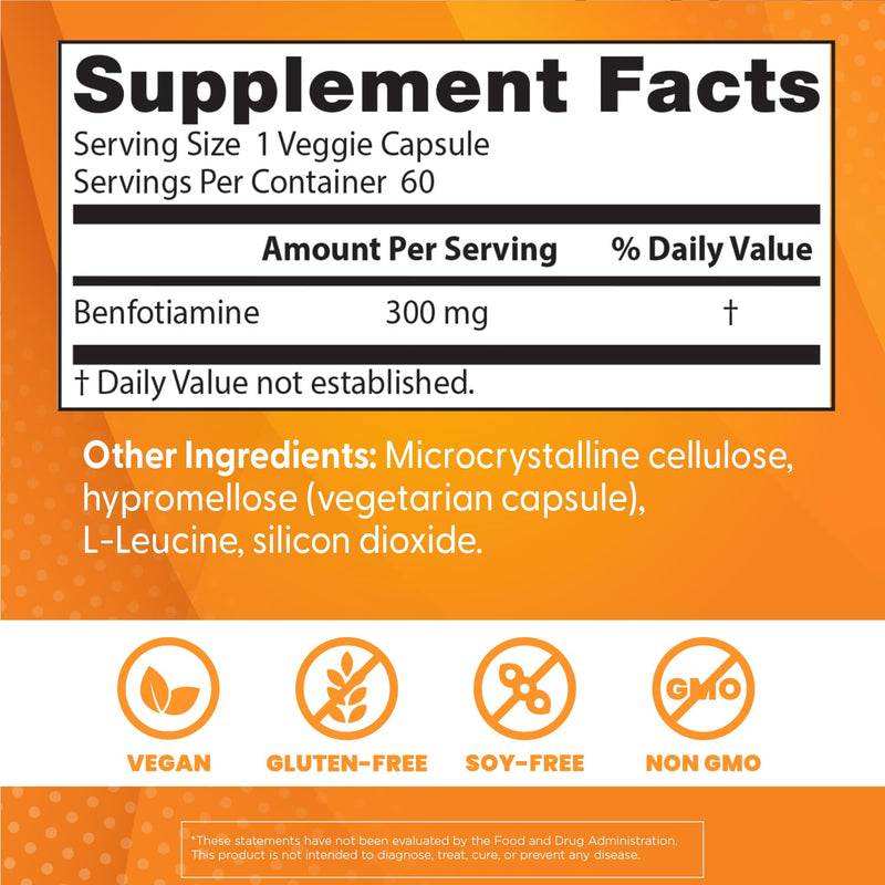 Doctor's Best Benfotiamine 300mg Supplement - Bioavailable Vitamin B1 for Men & Women, Benfotiamine B1 Capsules, Supports Nerve & Metabolic Health, Antioxidant Support, Non GMO, Vegan - 60 Veggie Caps 60 Count (Pack of 1)