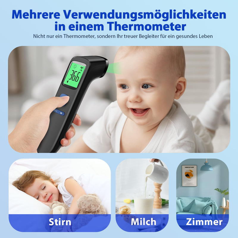 [Australia] - Fever Thermometer for Babies, Children and Adults, Contactless Forehead Thermometer, Digital Infrared Thermometer with Instant Accurate Readings, Fever Alarm and 35 Memory Recall - LCD Black LCD Black 