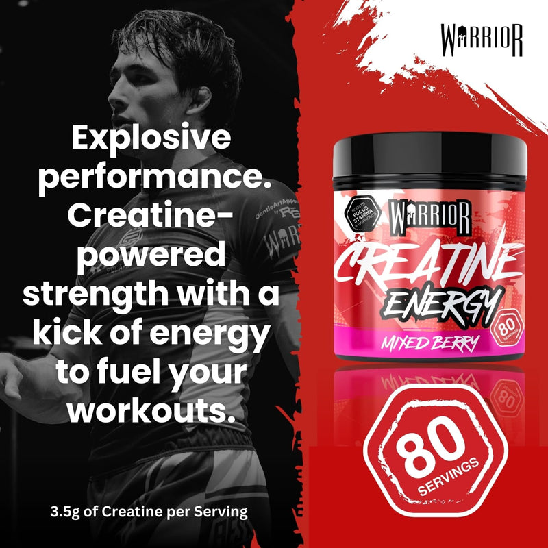 Warrior Creatine Monohydrate Powder + Energy 360g (80 Servings) – Micronised Creatine Powder Supplement + Vitamin B & Caffeine for Energy & Focus, Pre & Post Workout for Men & Women – Mixed Berry