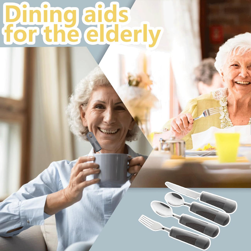 Easy Grip Cutlery Set of 4 Disability Aids, Extra Wide Handles Arthritis Aids with Knife Fork Spoon, Confortable Grips Dining Aid for Elderly Parkinson Disabled People Grey