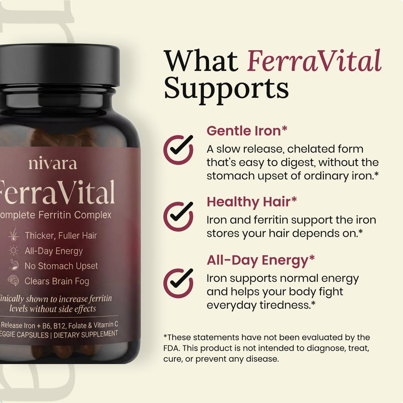 Nivara FerraVital Ferritin Complex - Iron Supplement for Women & Men with Bisglycinate, Vitamin C, B12, Lactoferrin, Methylfolate, Slow Release Gentle Iron Pills for Hair & Energy Support, 60 Capsules