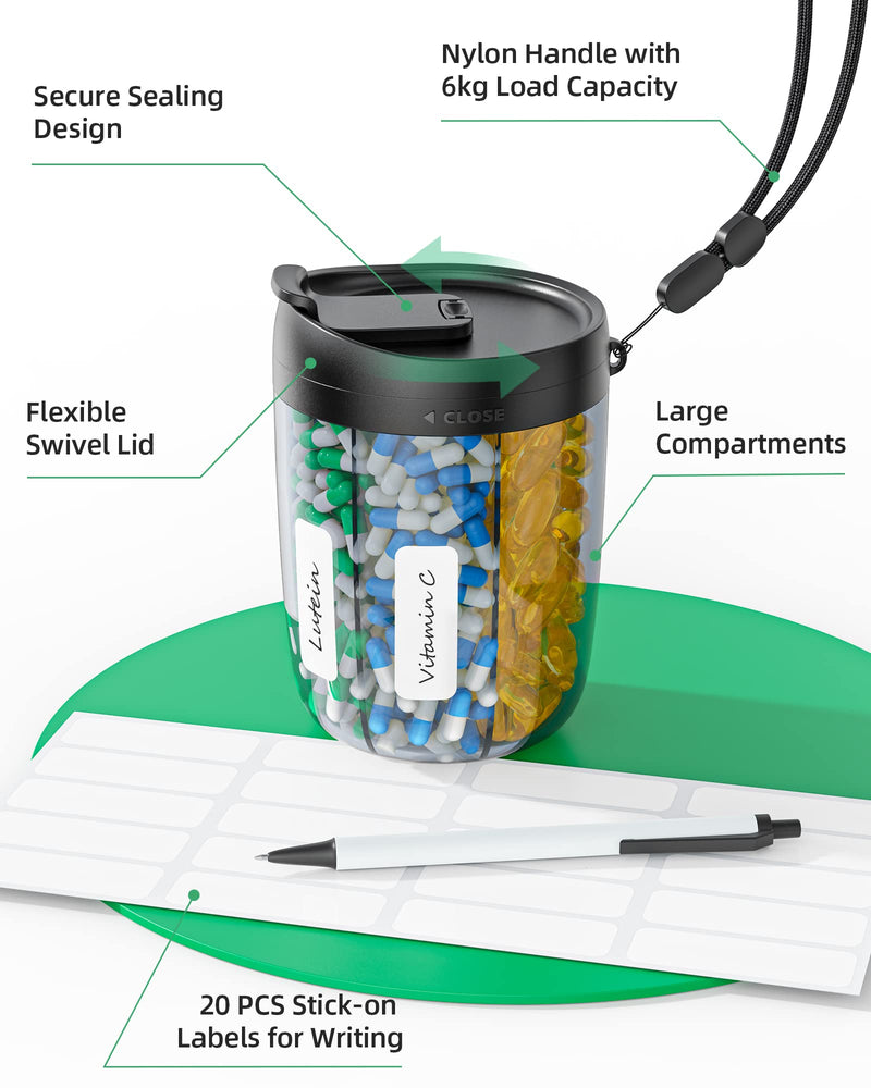 [Australia] - Large Supplement Organizer Bottle, Holds Plenty of Vitamins in 1 Monthly Pill Dispenser with Anti-Mixing & Wide Openings Design, Easy to Retrieve Meds, includes 20 Pcs Stick-on Labels Black 