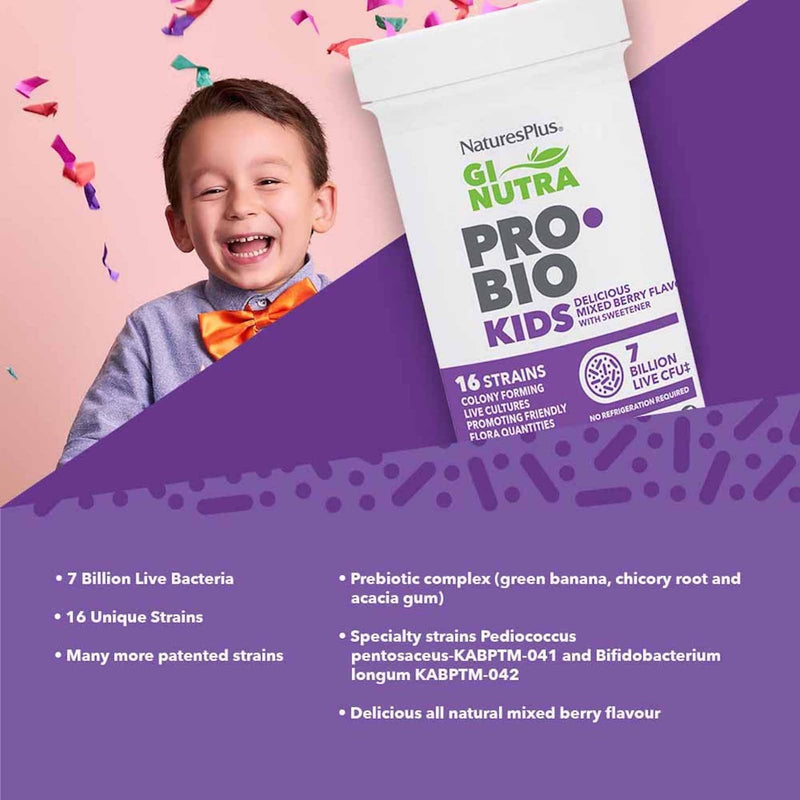NaturesPlus GI NUTRA Pro Bio Kids Chewable Tablets - 7 Billion Probiotics with 16 Live Strains, L Acidophilus, B. Longum and Prebiotics Fibre Complex - Vegan, Gluten Free, Berry Flavour - 30 Tablets