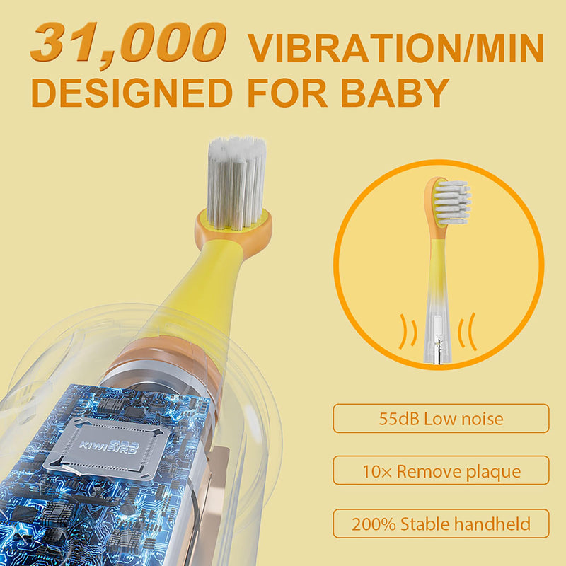 [Australia] - KIWIBIRD Kids Electric Toothbrush for Ages 3–10 | Toddler Sonic Toothbrush with 4 Modes & Soft Silicone Bristles | 2-Min Timer Pressure Sensor | 45-Day Rechargeable Battery | IPX8 Waterproof (Yellow) Yellow 