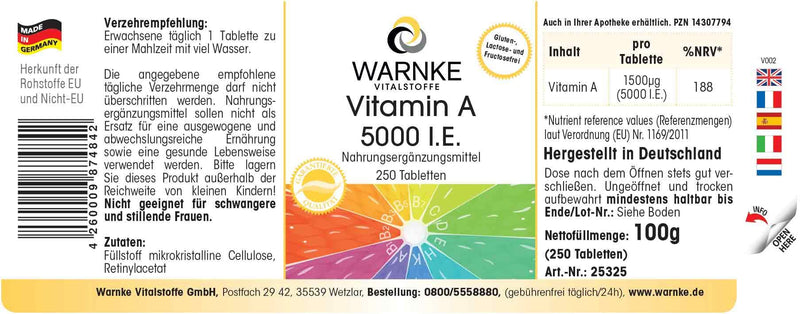 [Australia] - Vitamin A 5000 IU - 1500µg retinol (retinyl acetate) per tablet - 250 tablets - high dosage & vegan | Warnke vital substances - German pharmacy quality 