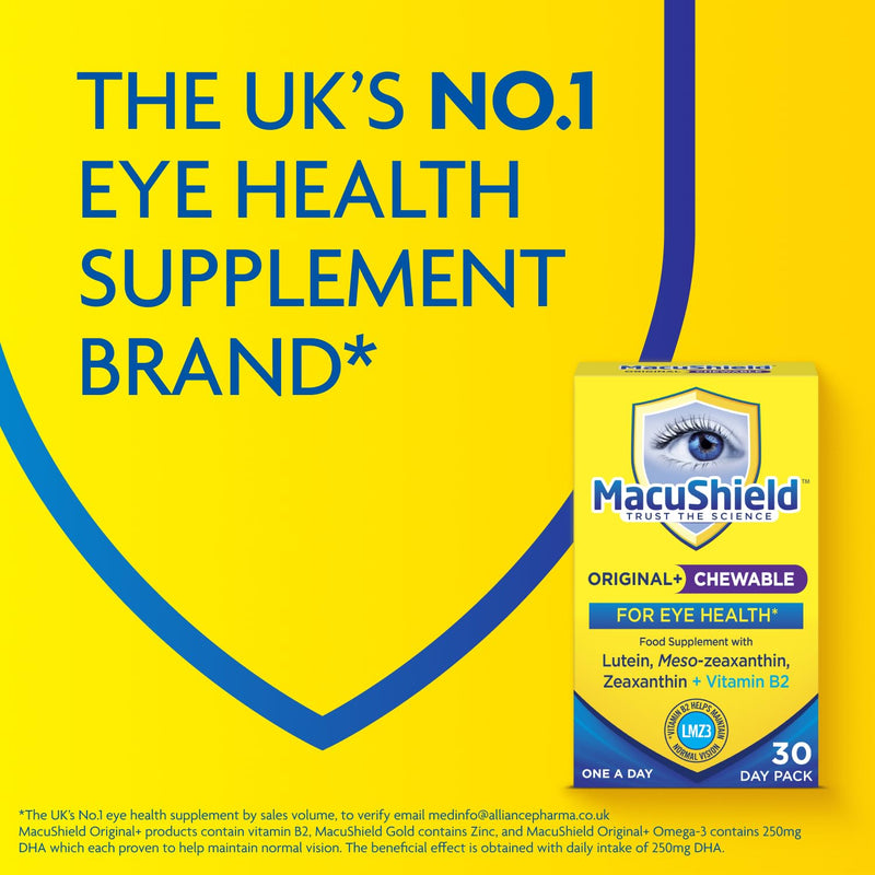 MacuShield Original Plus Chewable – 30 Day Pack, Eye Health Supplement* with Lutein, Zeaxanthin and Meso-zeaxanthin + Vitamin B2 (Riboflavin) which Helps Maintain Normal Vision, Bilberry Flavour Unflavoured 30 count (Pack of 1)