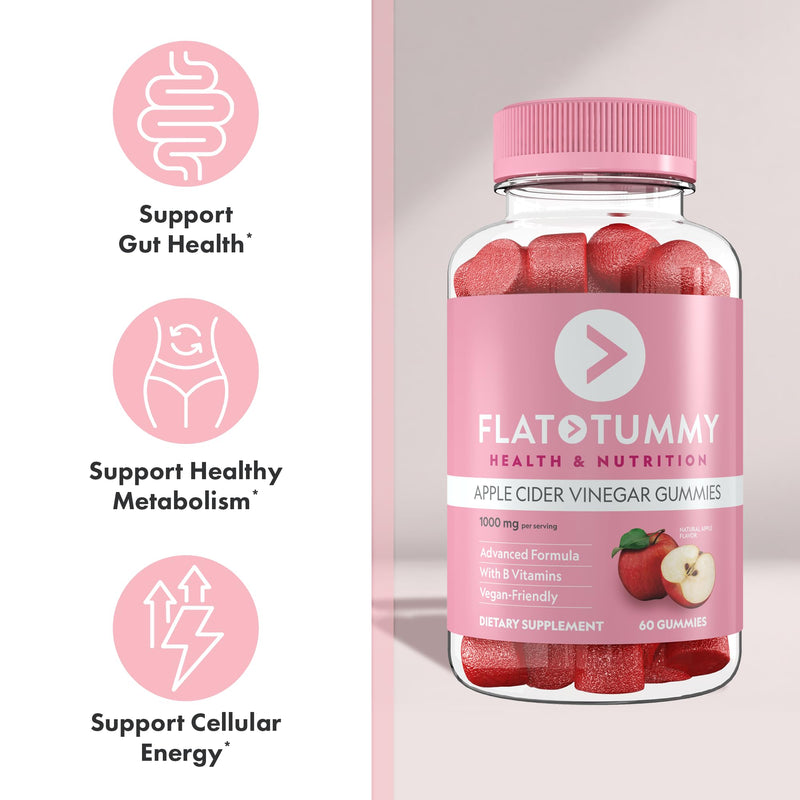 Flat Tummy Apple Cider Vinegar Gummies, 60 Count – ACV Gummies, Detox, Support Gut Health – Vegan-Friendly, Non-GMO - Beet and Pomegranate Superfood Powders, Vitamins B6, B9 & B12 60 Count (Pack of 1)
