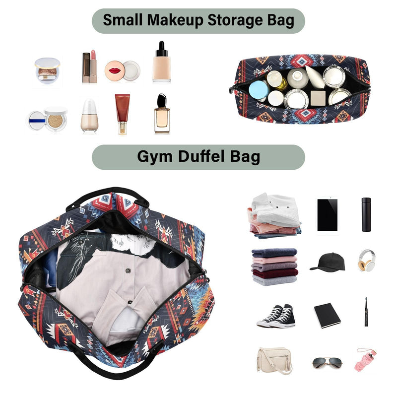 Kigai Native American Tapestry Patterns Travel Duffel Bags 2PCS,Sports Duffel Bags for Men Women,Weekender Overnight Bag Gym Tote Bag with Toiletry Bag